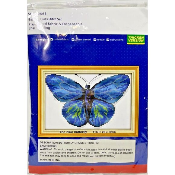 Cross Stitch Kit The Blue Butterfly Pattern 25x19cm Pre-Print 11CT Cotton Fabric - Picture 1 of 12